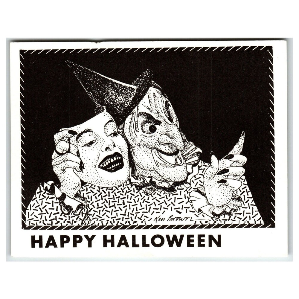 Halloween Postcard Witch Human Face Mask Creepy 1987 Ken Brown Fantasy Signed
